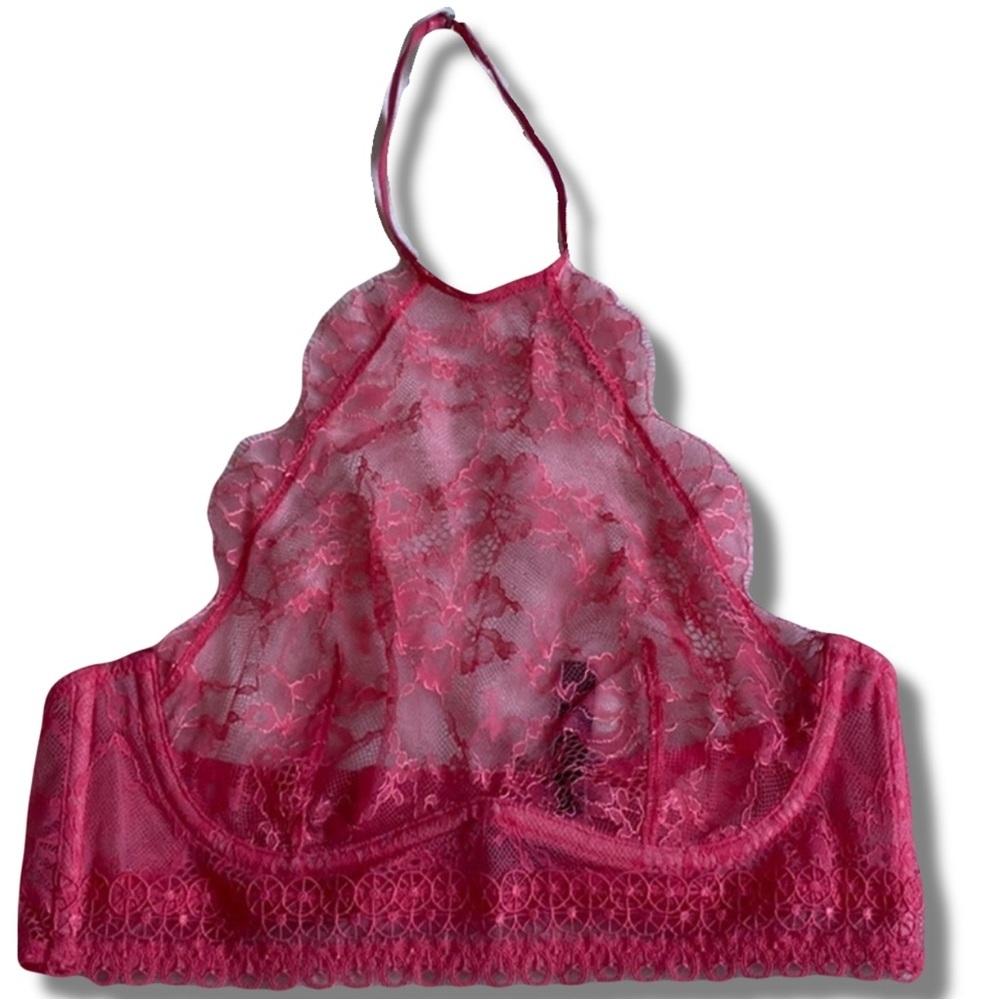 Victoria’s Secret Sheer Lace Halter Bralette Hot Pink 34B Y2K Lingerie Aesthetic - Picture 2 of 6
